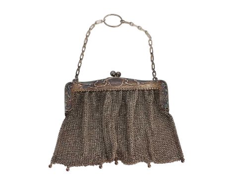 A silver chain mesh purse,with a repoussé snap closure, inscribed ' A.M, D AND T 15.V.'88.'09', to a fine mesh bag, suspendin