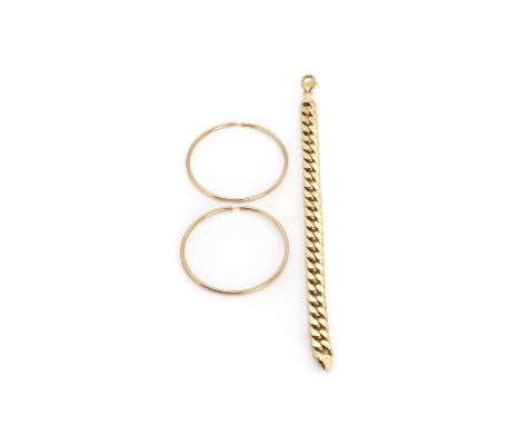 A 9ct gold curb link bracelet and a pair of 9ct gold hoop earrings,comprising a 9ct gold hollow curb link chain, 220mm long, 