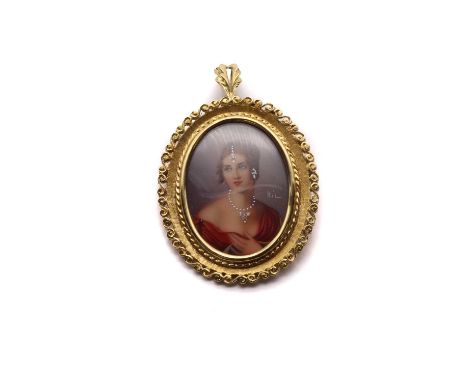 An 18ct gold mounted miniature portrait brooch pendant,an enamelled miniature portrait of a lady, signed 'HIL' with suspended