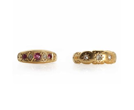 Two antique 18ct gold diamond rings,  the first with shaped, carved and scrolling head set with three old round cut diamonds,
