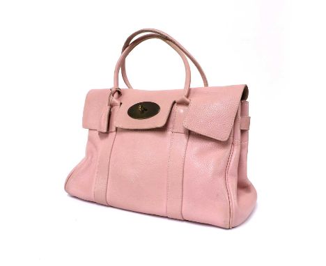 A Mulberry pink leather Bayswater bag,brass tone postmans lock closure, dual rolled handles, cloche with padlock and keys, in