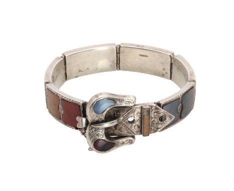 A Scottish hardstone silver bracelet,composed of six rectangular engraved links each set with two square agates and other har