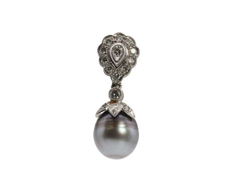 A white gold diamond and cultured grey pearl pendant,headed by a round brilliant diamond rub set to a pear shaped collet, wit