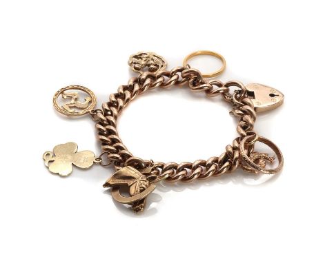 A gold charm bracelet,a hollow curb link bracelet, 9.05mm wide, 180mm long, to heart shaped padlock and cable link safety cha