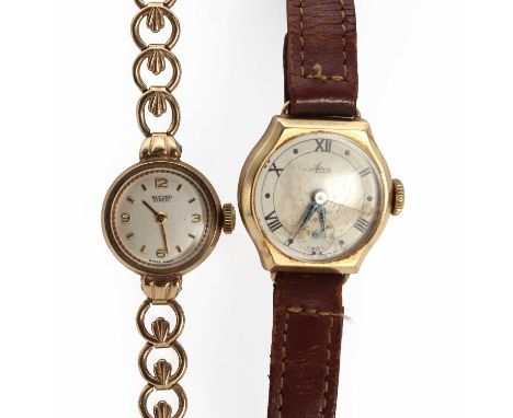 Two 9ct gold ladies' watches,comprising a 9ct gold Record mechanical bracelet watch, 16mm diameter, with a silvered dial, gil