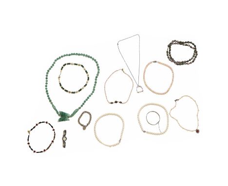 A small collection of silver, cultured freshwater pearl and enamel bead jewellery,to include a silver hinged engraved bangle,