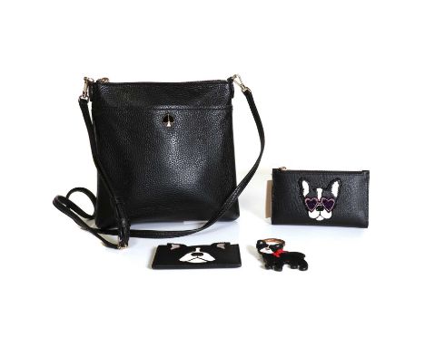 A Kate Spade black cross body messenger bag,silver tone hardware, single flat handle, with dust bag, 21cm wide, 21cm high,a K