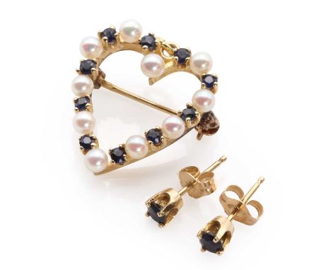 A gold sapphire and seed pearl heart pendant/brooch,with alternating circular cut sapphires and seed pearls, claw and peg set