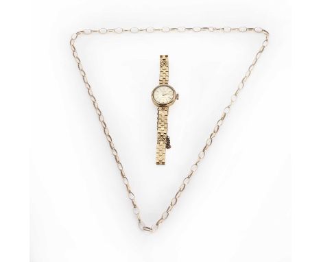A ladies' 9ct gold Majex bracelet watch and 9ct gold belcher link chain,comprising a 9ct gold Majex bracelet watch, 17mm diam