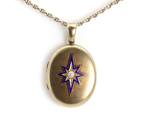 A Victorian gold split pearl and champlevé enamel oval locket,with a central split pearl, grain set to a blue champlevé ename