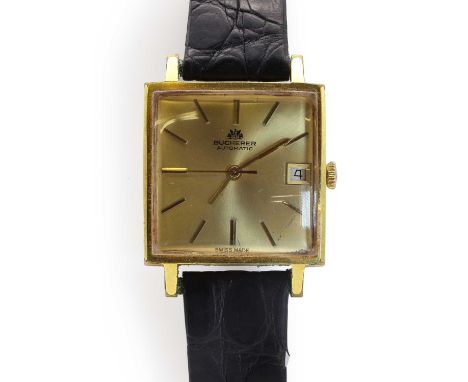 A stainless steel Bucherer two-tone automatic strap watch, a gilt metal plain square dial, 29mm x 29mm, a gilt dial, baton ho