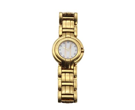 A gold plated Rodolphe by Longines quartz bracelet watch,32mm circular case, with a white dial, Roman numerals and gilt hands