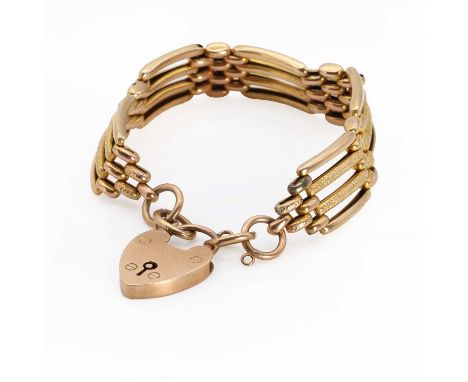 A 9ct gold gate link bracelet,a five row plain gate link bracelet, to padlock and cable link safety chain, London 1979, 9.60g