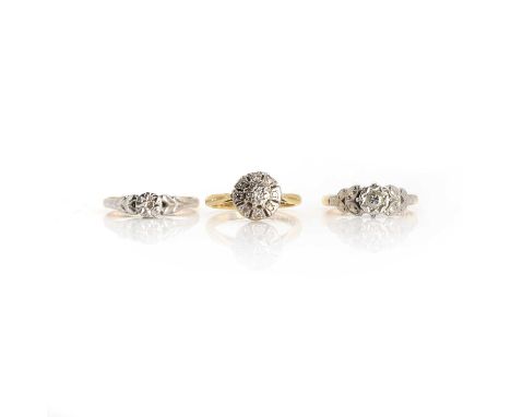 Three gold diamond rings,comprising an 18ct gold diamond cluster ring, with a central brilliant cut diamond, to a surround of