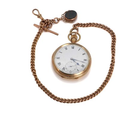 A 9ct gold pocket watch and Albert chain with fob, the watch with white dial, black Roman numerals, chemin-de-fer minutes, su