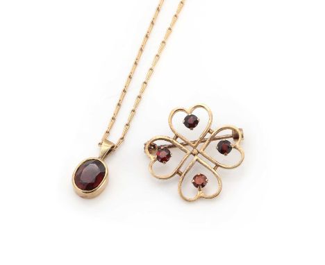 A gold garnet pendant,an oval cut garnet, approximately 8.50mm x 9.50mm, bezel set to a plain fixed tapered bale, suspended b