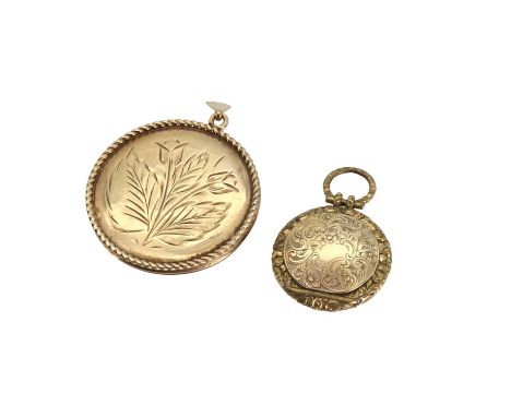 A 9ct gold photo locket pendant,a circular floral hand engraved locket, to a wire twist surround, 34mm diameter, to a plain b