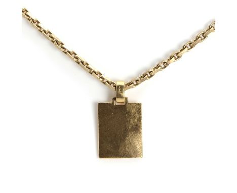 A 9ct gold chain necklace and plaque pendant, the filed belcher link chain with Birmingham hallmark and common control mark, 