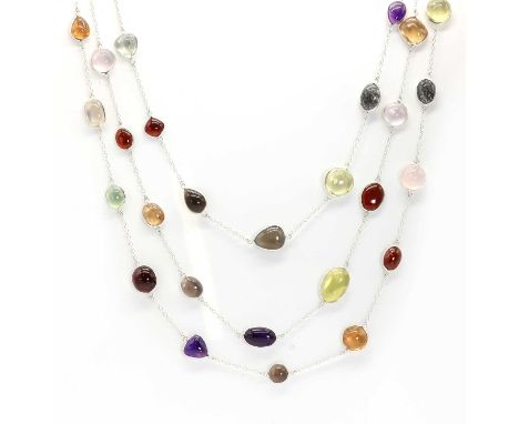 A silver varicolored gemstone long satellite necklace,with multi-shape amethyst, green quartz, garnet, tourmalinated quartz, 