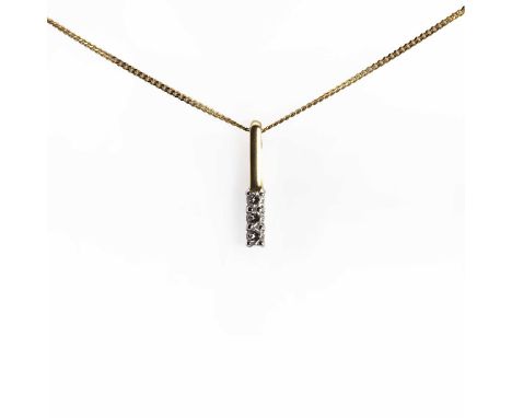 An 18ct gold diamond necklace and earring suite,the pendant with three brilliant cut diamonds, claw set in white to a plain y