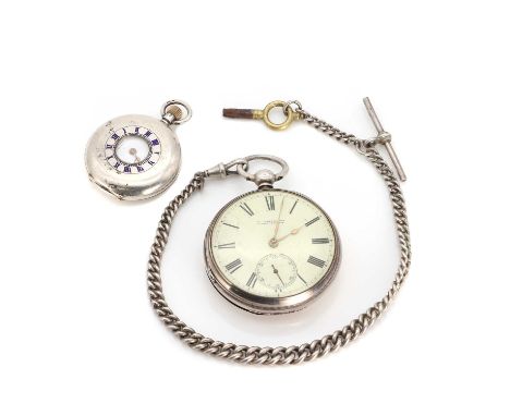 A Victorian silver pocket watch and Albert, with cream dial signed 'J.Neininger, Gloucester', black Roman numerals and chemin