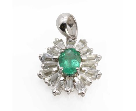 A 9ct white gold emerald and white sapphire ballerina cluster pendant, with a central oval mixed cut emerald with a stated we