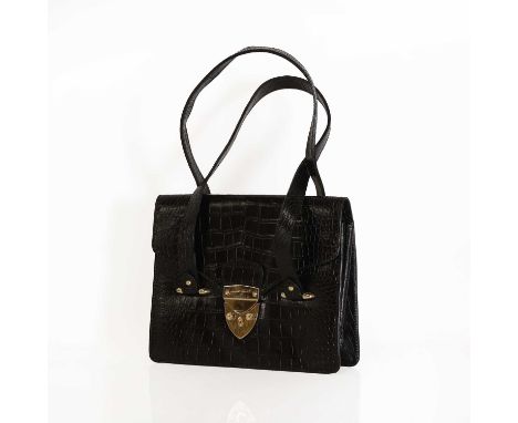 An Aspinal of London black leather crocodile embossed bag,single flat handle, gold tone hardware, interior with zip pocket, w