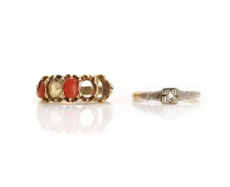 Two gold rings,to include a Victorian 18ct gold coral and citrine five stone ring, with two vacant collets, the oval cut gems