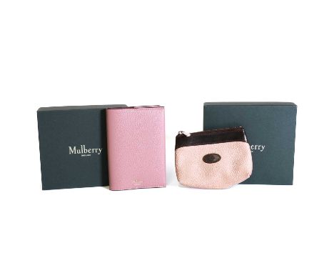 A Mulberry mocha rose classic grain passport cover,with original purchase ticket and receipt, boxed,and a Mulberry coin purse