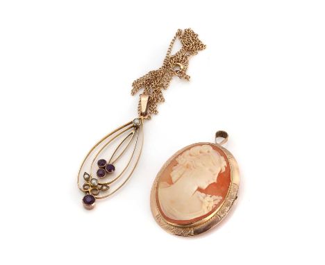 An amethyst and seed pearl pendant and a cameo brooch/pendant, the first with two knife-edge loops suspending a third in the 