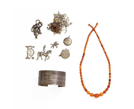 A copal resin bead necklace and a small collection of silver,to include a copal resin bead necklace, 4.07mm to 10.84mm in siz