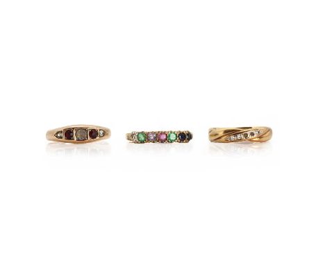 A ‘Dearest’ ring and two other 9ct gold and stone set rings, the first set with a line of round cut stones, a diamond, chippe