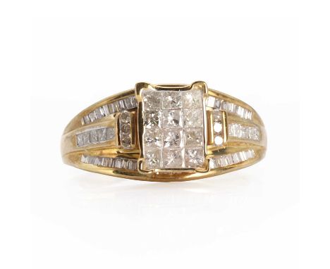 A 9ct gold diamond set rectangular cluster ring, with a total stated diamond weight of 1.00ct. A rectangular cluster of princ