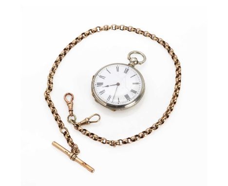 A gold Albert chain and a silver key wind open faced pocket watch,comprising a faceted gold belcher link Albert chain, to swi