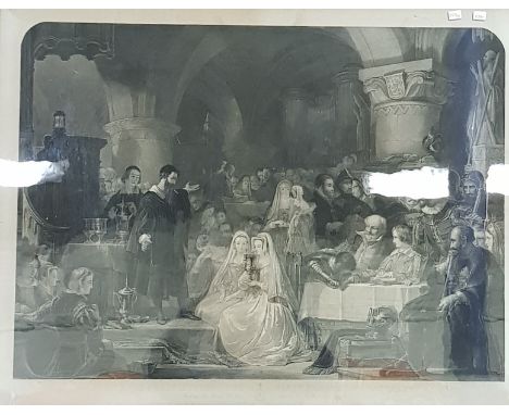 ANTIQUE FRAMED PRINT - JOHN KNOX ADMINISTERING THE FIRST PROTESTANT SACRAMENT 1547