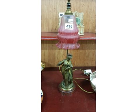 BRONZED FIGURE LAMP WITH ORIGINAL RUBY SHADE (RUBY SHADE IS PERFECT) (SOLD AS SEEN)