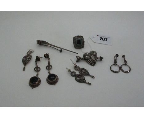 Vintage and Later Marcasite Set Jewellery, including Art Deco style long drop earrings, stamped "925"; large hematite and mar