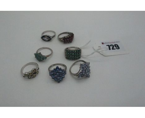 Modern Gemporia 925 and Other 925 Dress Rings, including Art Deco style, multi claw set etc (finger sizes noted O, P). (7) 