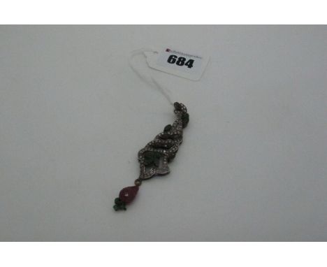 An Indian Antique Style Ruby and Emerald Set Pendant, of elongated design, suspending faceted drop, stamped "925". 