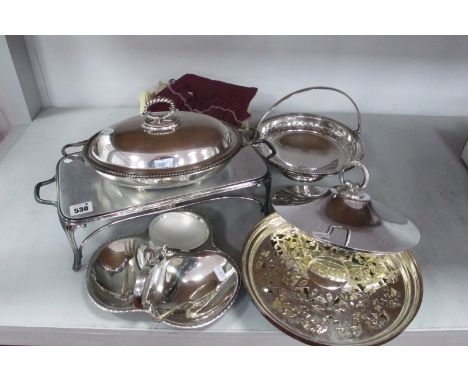 A French St Medard Plated Diddled Warming Dish, with decorative pierced removable liner and tea light holder below; together 