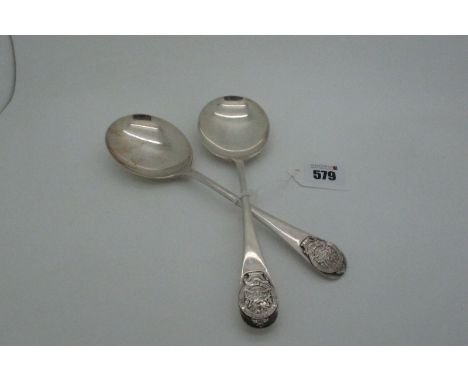 A Pair of Hallmarked Silver Old English Pattern Serving Spoons, CB&amp;S, Sheffield 1956, each finial bearing City of London 