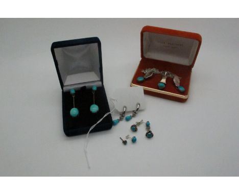 A Modern Turquoise and Shell Inset Pendant, stamped "925", on a chain; Together with A Pair of Oval Cabochon Turquoise Set Dr