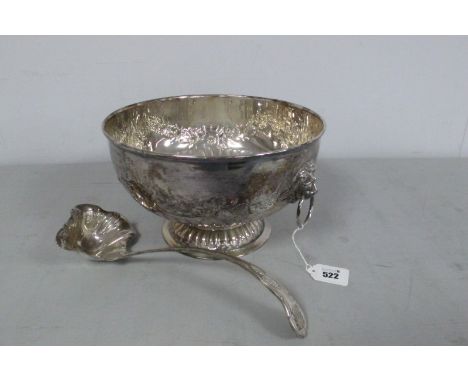 A Silver on Copper Twin Handled Circular Punch Bowl, with chased decoration and lion mask and ring handles, approximately 26.