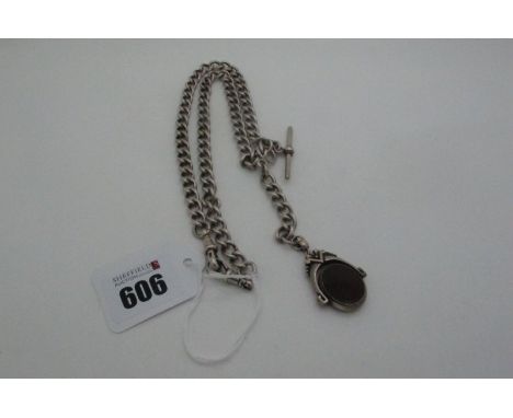 A Long Curb Link Albert Chain, to one swivel and one swivel style clasp, suspending sliding cub link chain section, suspendin