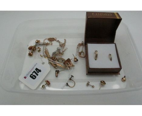 Assorted Earrings, a modern pendant stamped "375 DIA", a dainty open heart pendant on a fine chain, identity style bracelet (