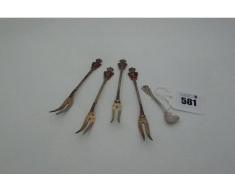 A Set of Four Norwegian David Andersen Gilt Pickle Forks, stamped "925" and makers mark (used 1888-1925), each finial highlig
