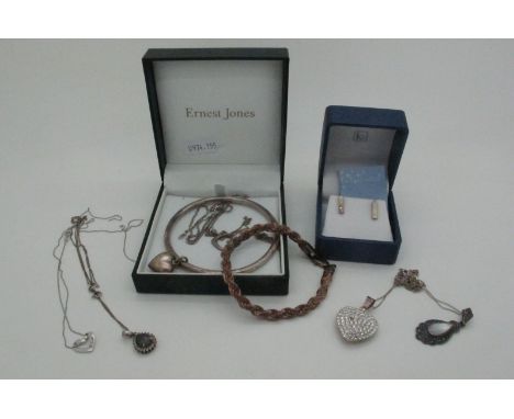 925 and Other Pendants, ropetwist bracelet, a 9ct white gold diamond set open heart pendant on fine chain (chain damaged), ba