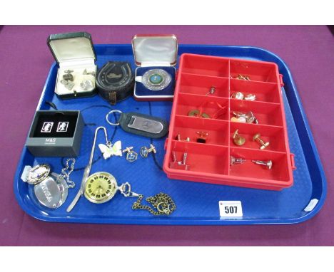 Hallmarked Silver, 925 and Other Assorted Cufflinks, (including odd), a hunter style pocketwatch, Vodka decanter label, Sheps