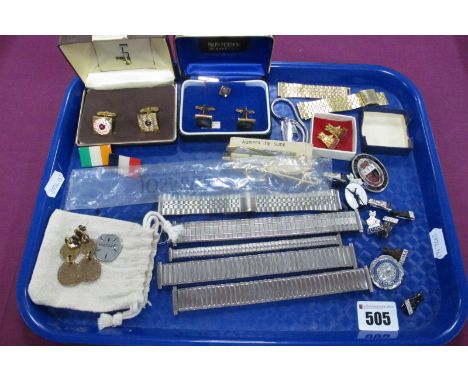 Queen Elizabeth School of Nursing Enamel Badge, IDMA badges, wristwatch expanding straps, cufflinks, flag pin badges, etc :- 
