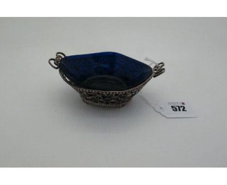 A Decorative German Openwork Twin Handled Dish, (damage / loss) with bead edge and stylised bow handles, stamped crescent and